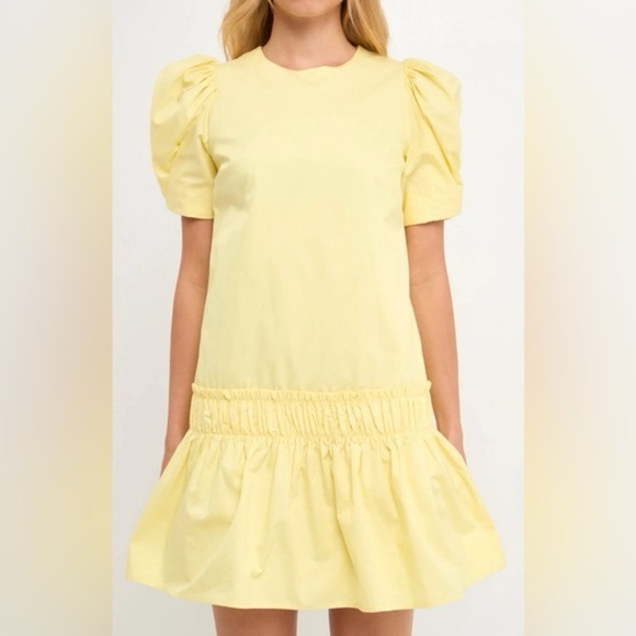 ENGLISH FACTORY
Ruffle Detail Puff Sleeve Poplin Dress  size Large Yellow - Picture 1 of 12